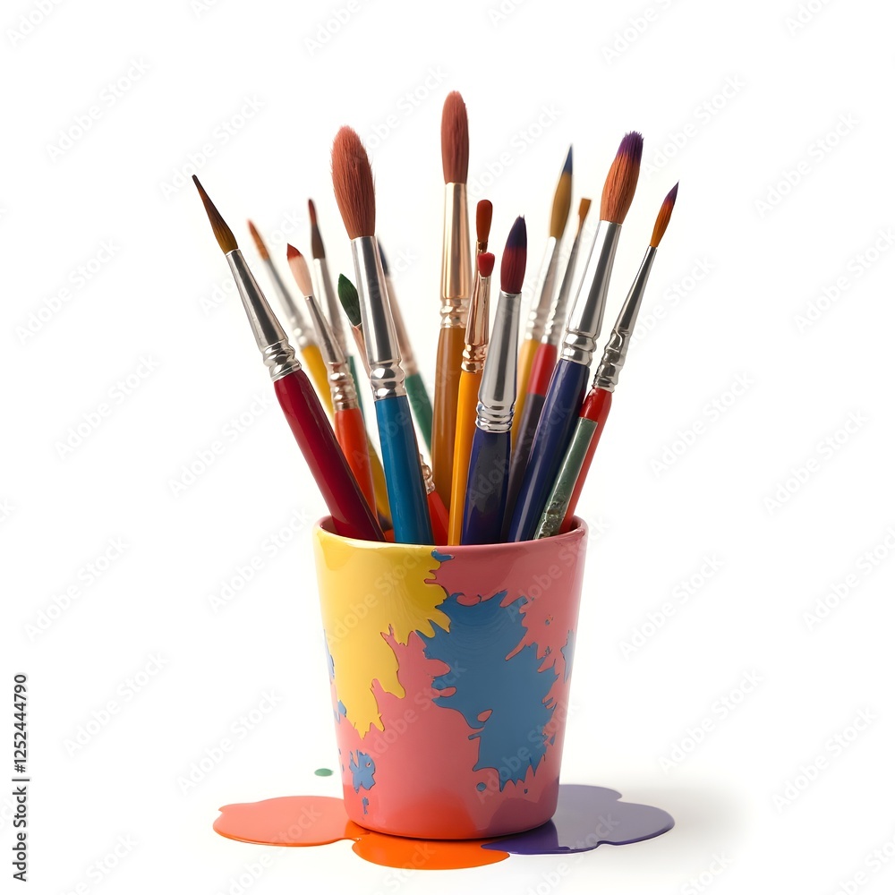 Colorful Paint Brushes in a Splashed Paint Holder Art Supplies Creative Tools