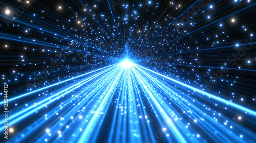 Futuristic retro 80s video game background with glowing blue grid streaking through cosmic space Symbolizes nostalgia innovation digital evolution and limitless possibilities Blank space for text

