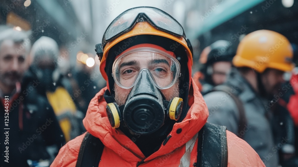 Obraz premium A Group of Resilient Rescue Workers in Orange and Yellow Protective Gear Amidst Snowy Conditions During an Emergency Situation in an Urban Environment