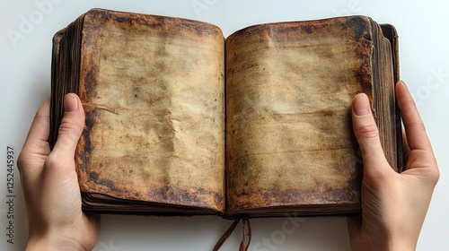 Old vintage book with yellow pages and worn-out cover held in hands. Generative AI