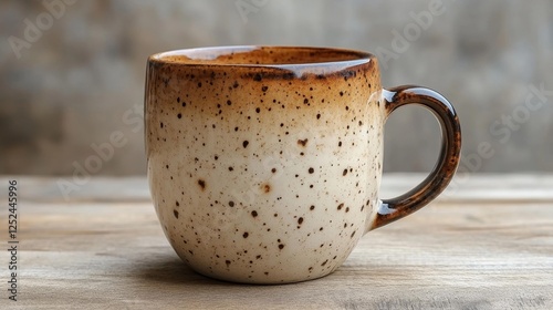 Beautiful Ceramic Coffee Cup with Brown Speckles on Wooden Surface. Generative AI photo