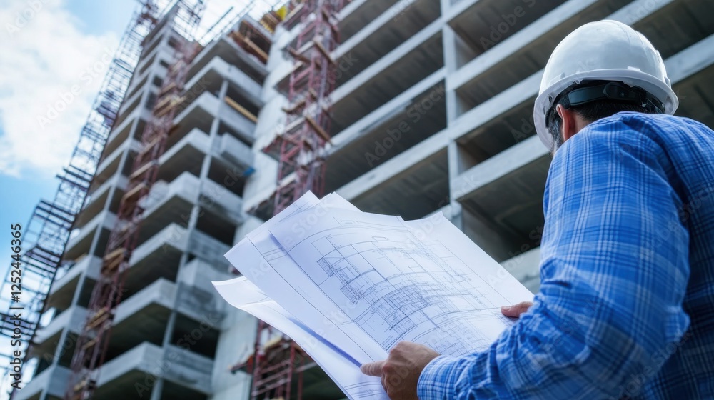 A close-up of an architect inspecting blueprints on a construction site, surrounded by scaffolding and building materials, Construction site scene A close-up of an architect inspecting blueprints on a construction site, surrounded by scaffolding and building materials, Construction site scene