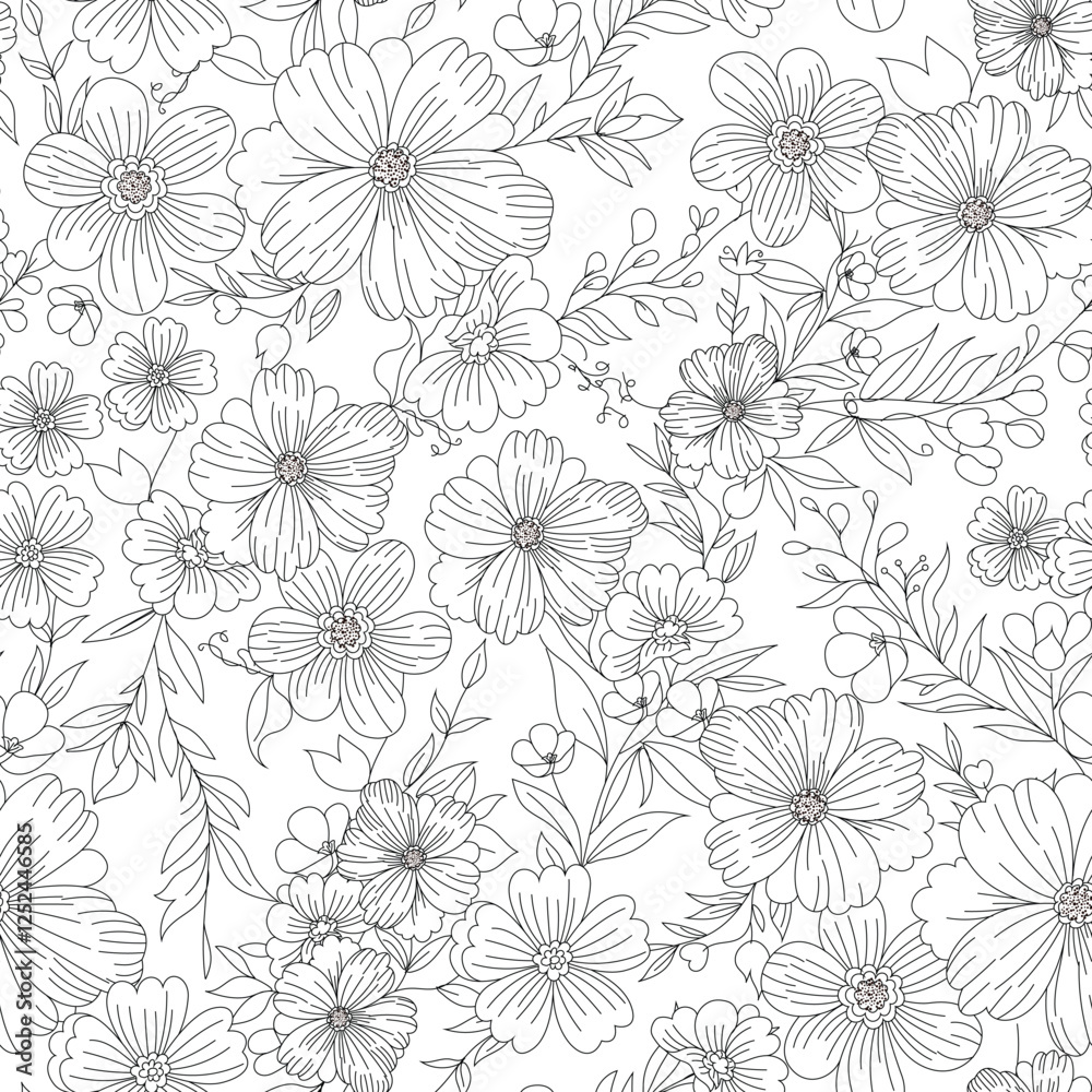 seamless flower outline vector  pattern on white  background