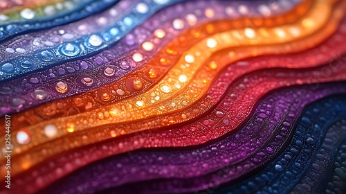 Microscopic-inspired scene where radiant tiny beads lie atop a vibrant undulating pattern