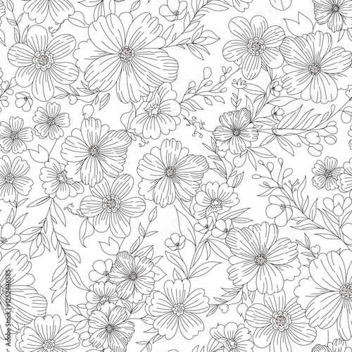 seamless flower outline vector  pattern on white  background