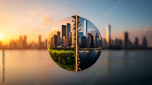 A stunning juxtaposition of urban architecture and natural landscapes within a spherical frame, highlighting the contrast between city and nature.
