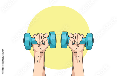 closeup illustration of a woman holding blue dumbbells in her hands on a white background