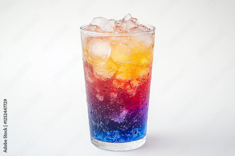 Selective focus fancy sparkling water with rainbow flavor isolated on white background, Colorful soda water with ice. Selective focus fancy sparkling water with rainbow flavor isolated on white background, Colorful soda water with ice.