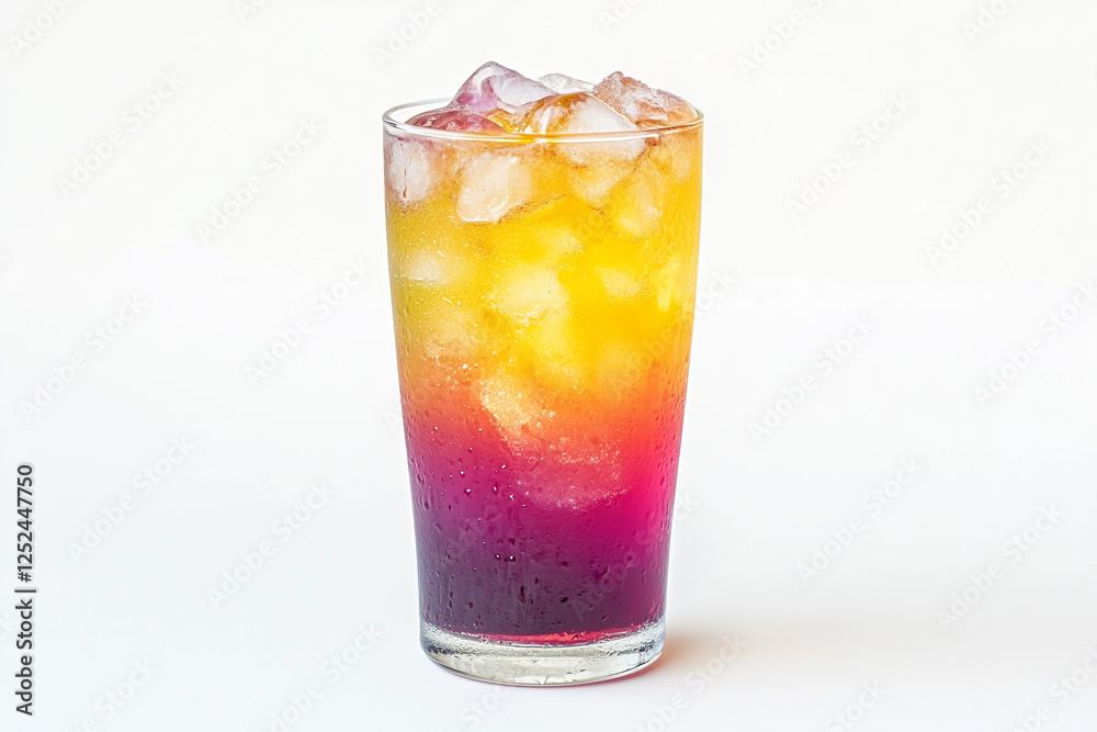 Selective focus fancy sparkling water with rainbow flavor isolated on white background, Colorful soda water with ice. Selective focus fancy sparkling water with rainbow flavor isolated on white background, Colorful soda water with ice.