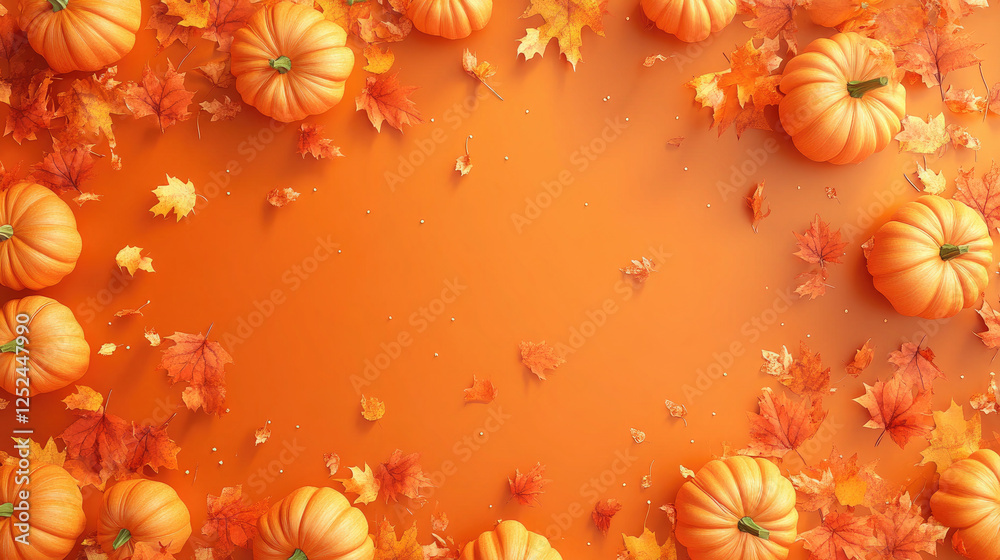 Fototapeta premium Autumn Pumpkin Frame with Fall Leaves on Orange Background