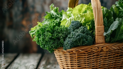 A close-up of a variety of fresh salad greens, including lettuce, arugula, spinach, and kale, arranged in a wicker basket with a wooden background that highlights their vibrant colors.