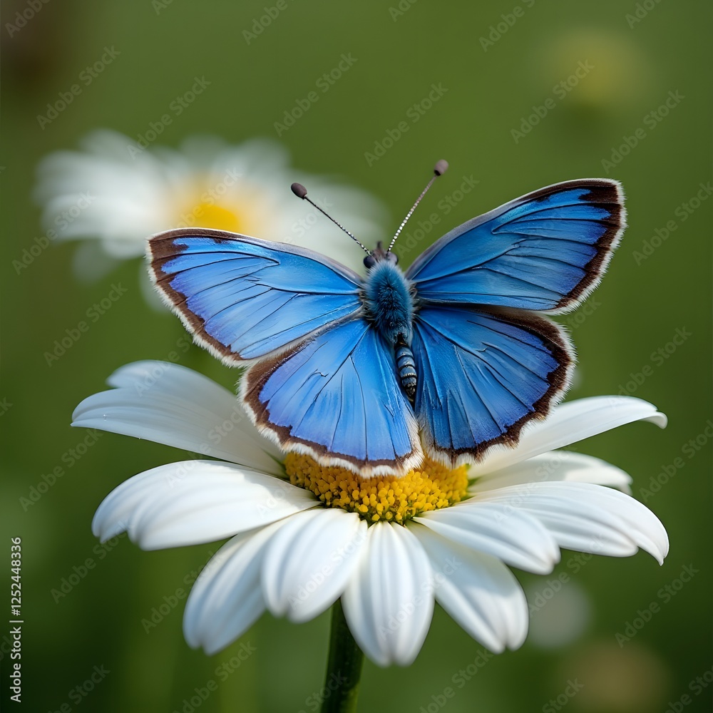 Vibrant Blue Butterfly on White Daisy Flower in Lush Green Nature Vibrant Blue Butterfly on White Daisy Flower in Lush Green Nature