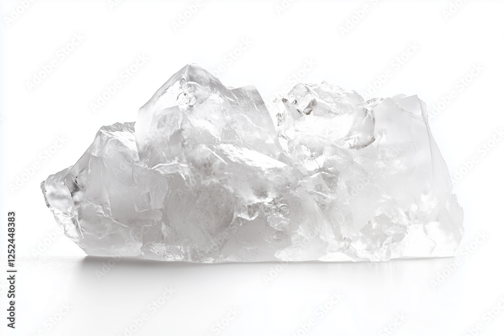 Obraz premium Selective focus iceberg floating on water isolated on white background, Landscape view of melting iceberg on white, Clear ice cube. 