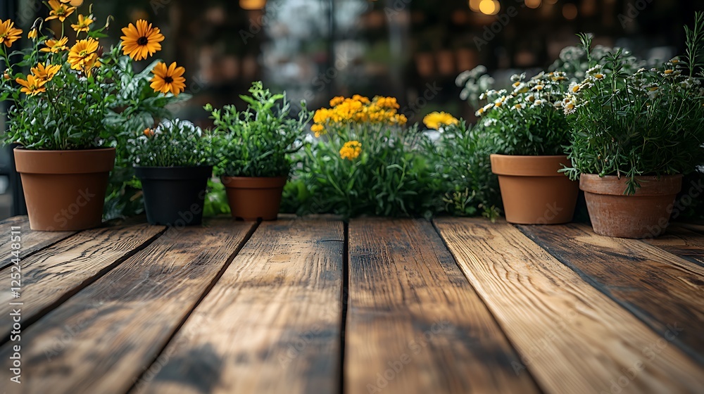 Smooth wooden tabletop with soft-focus florist shop in the background featuring various potted plants and fresh flowers Smooth wooden tabletop with soft-focus florist shop in the background featuring various potted plants and fresh flowers