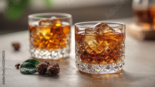 Whiskey glasses with ice and pinecone decorations. Generative AI