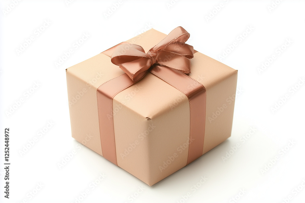 Obraz premium Selective focus beige gift box with ribbon isolated on white background.