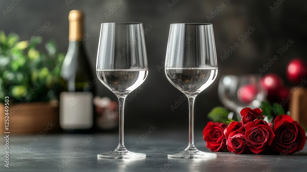 Two Elegant Wine Glasses with Red Roses on a Dark Tabletop Still Life Two Elegant Wine Glasses with Red Roses on a Dark Tabletop Still Life