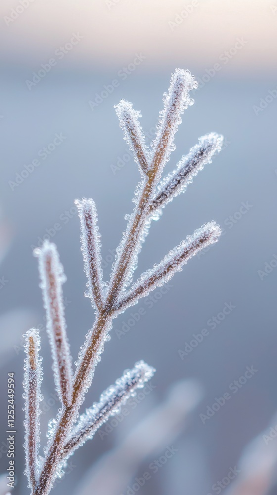 Frosted Branch with Delicate Ice Crystals in a Soft Winter Landscape at Dawn or Dusk Frosted Branch with Delicate Ice Crystals in a Soft Winter Landscape at Dawn or Dusk