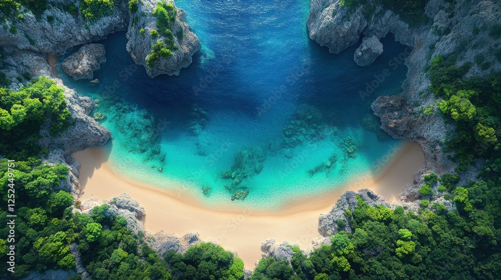 Aerial View of Pristine Beach Cove Surrounded by Lush Greenery and Turquoise Waters