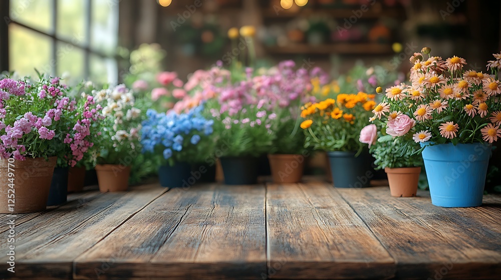 Fototapeta premium Vintage wooden table with blurred floral shop displaying fresh bouquets and potted plants