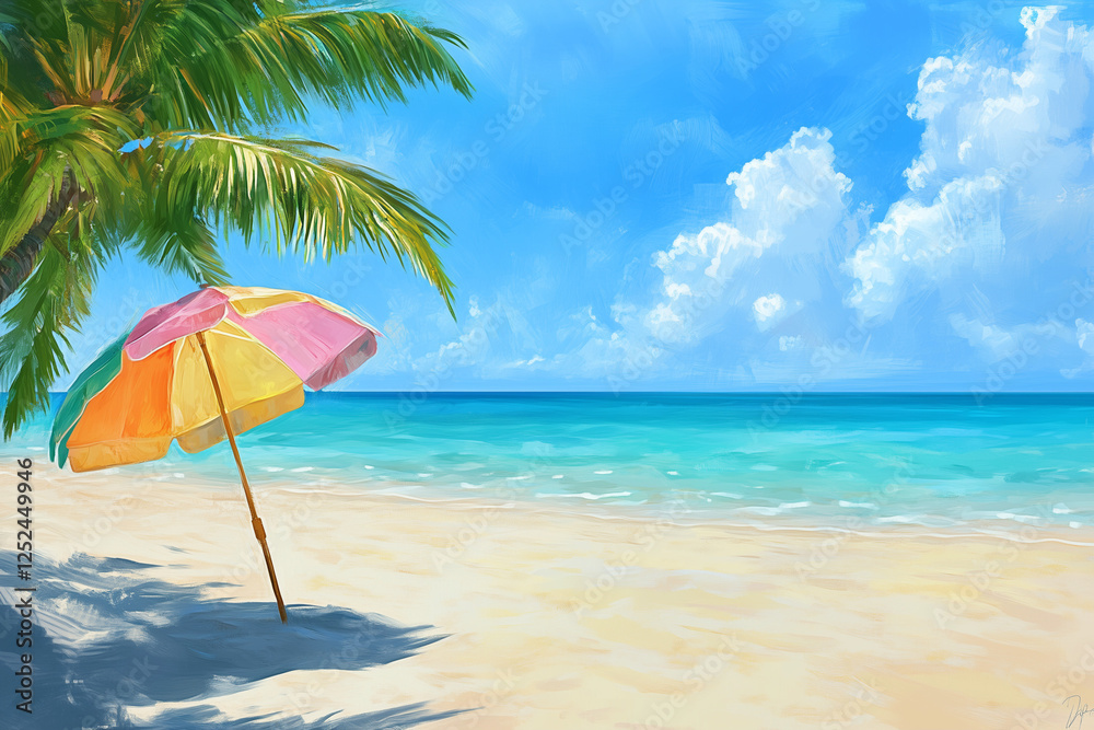 Vibrant summer vacation beach scene with crystal blue sea, soft golden sand, colorful beach umbrella, clear blue sky, relaxing coastal atmosphere, and sunny sunlight perfect for travel. Vibrant summer vacation beach scene with crystal blue sea, soft golden sand, colorful beach umbrella, clear blue sky, relaxing coastal atmosphere, and sunny sunlight perfect for travel.