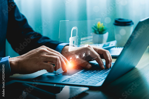 Businessman logging into digital system with secure padlock icon, emphasizing cybersecurity, data protection and access assurance, Financial Data Security, Privacy Smart Security Software