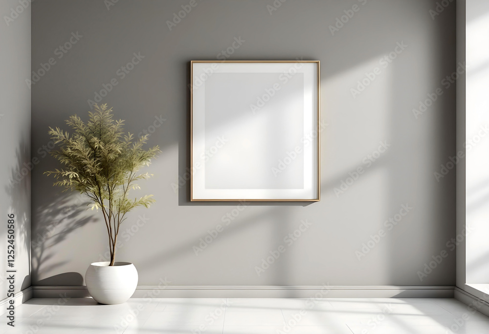 A photo frame featuring an abstract painting on a minimalist ash-colored wall with a vase and soft lighting A photo frame featuring an abstract painting on a minimalist ash-colored wall with a vase and soft lighting