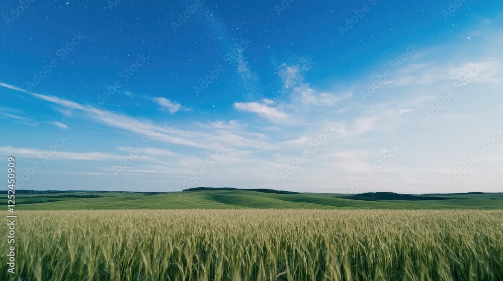 Fototapeta premium Starry night over rolling green wheat field