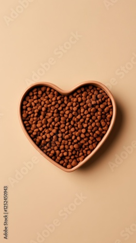 heart-shaped bowl filled with pet food on a beige background, love and care concept