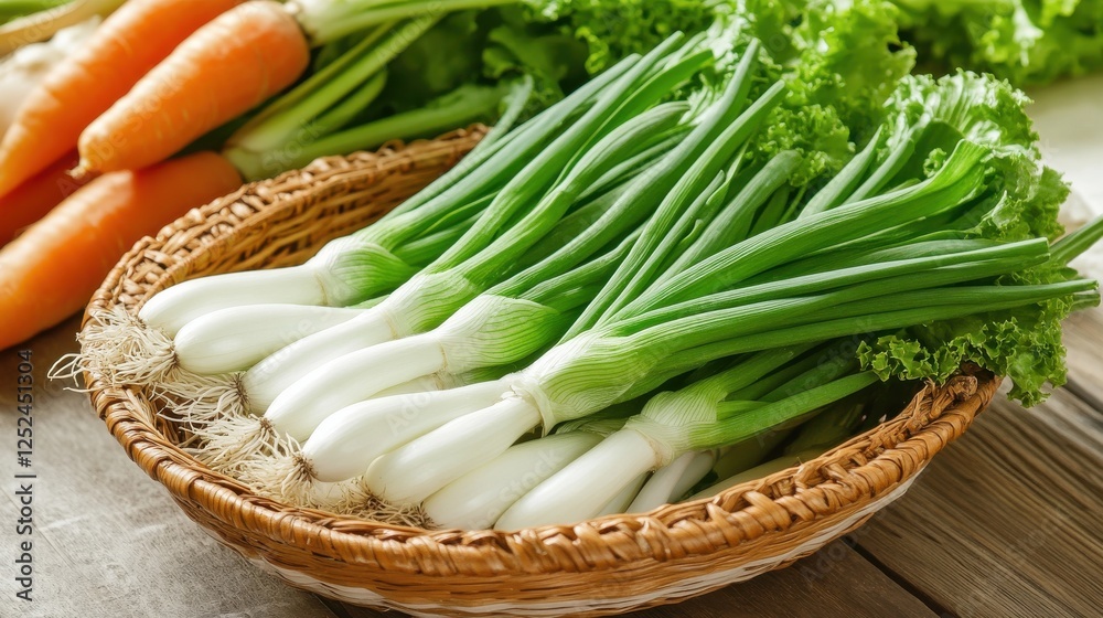 A fresh bunch of spring onions neatly displayed in a wicker basket, surrounded by other vegetables like carrots and lettuce, creating a vibrant and healthy market scene. A fresh bunch of spring onions neatly displayed in a wicker basket, surrounded by other vegetables like carrots and lettuce, creating a vibrant and healthy market scene.