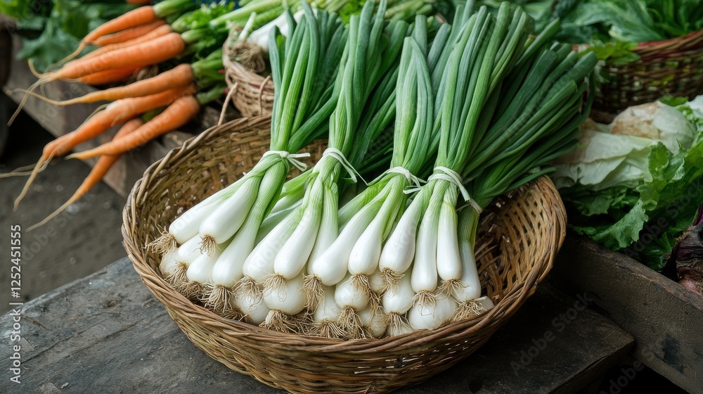 A fresh bunch of spring onions neatly displayed in a wicker basket, surrounded by other vegetables like carrots and lettuce, creating a vibrant and healthy market scene. A fresh bunch of spring onions neatly displayed in a wicker basket, surrounded by other vegetables like carrots and lettuce, creating a vibrant and healthy market scene.