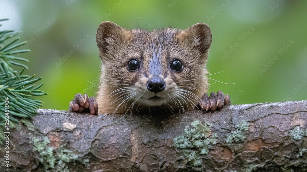 Fototapeta premium Curious young ocelot peeking from tree branch, forest background