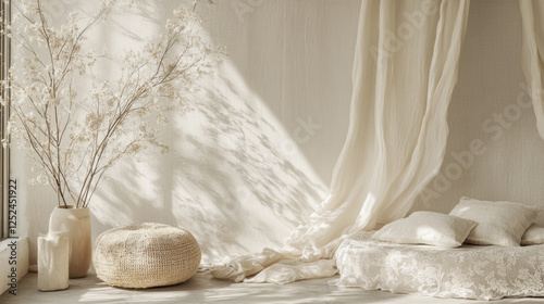 serene boho interior with soft textiles, natural light, and minimal decor