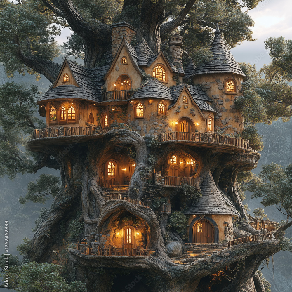 Fototapeta premium fantasy hunters lodge castle city carved into a gigantic tree in the middle of a large forrest