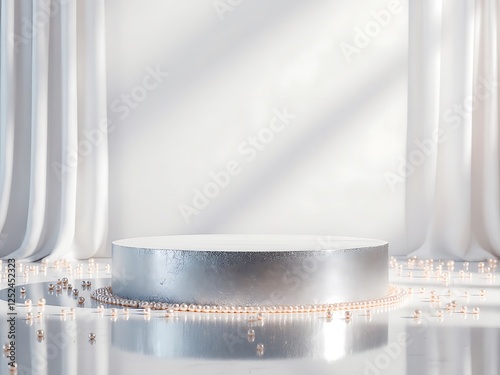 Elegant Silver Cylinder Product Display Podium with Soft White Drapery Background and Subtle Lighting for Luxury Brand Showcase