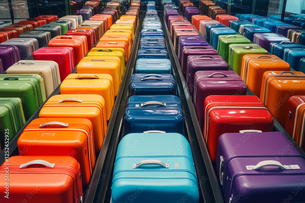 Fototapeta premium Collection of colorful suitcases arranged in a bustling modern airport terminal, capturing the anticipation and excitement of global travel adventures