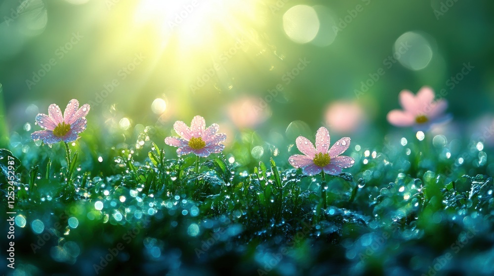 Obraz premium Morning Dew on Vibrant Wildflowers in a Sunlit Meadow Surrounded by Lush Greenery