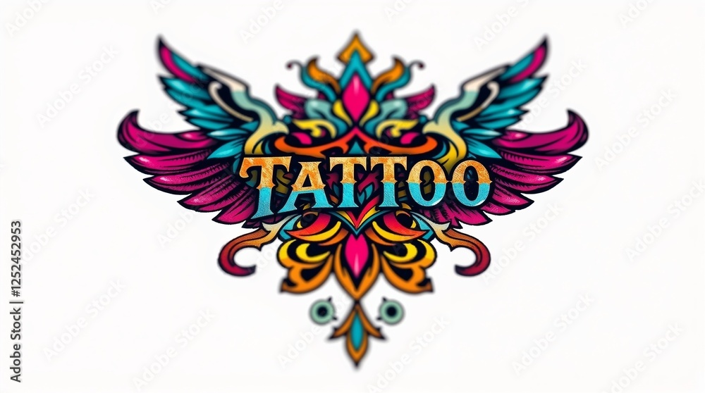 Obraz premium An extreme macro close-up of a traditional tattoo art print logo illustration in vibrant retro colors with complex ornamentation Artistic lighting and abstract patterns are featured against background