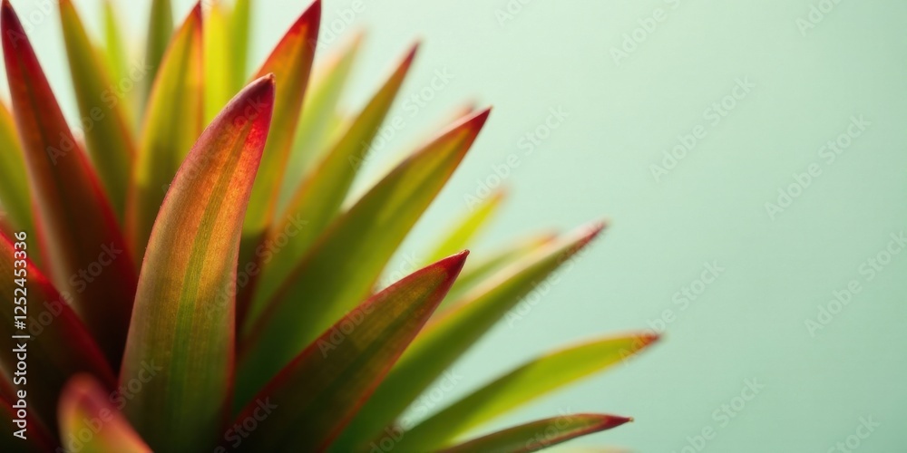 Fototapeta premium Close-up view of vibrant succulent plant with red-tipped leaves against a soft, pale green background, showcasing the intricate details and textures of nature's artistry