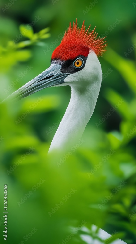 Fototapeta premium Close-up of a red-crowned crane in lush green foliage, vibrant wildlife photography concept