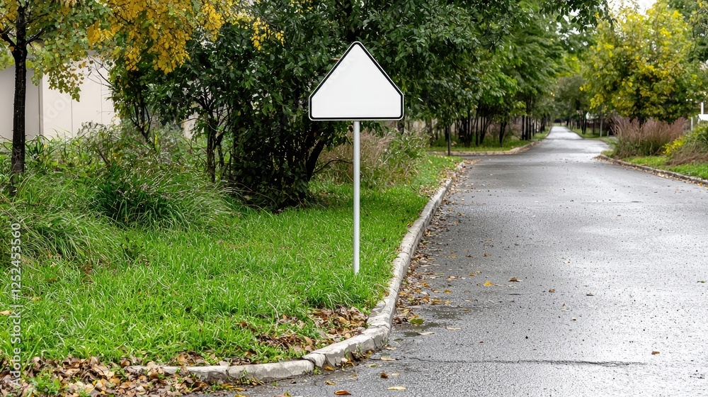 Blank street sign, residential road, autumn leaves, background for advertisement Blank street sign, residential road, autumn leaves, background for advertisement
