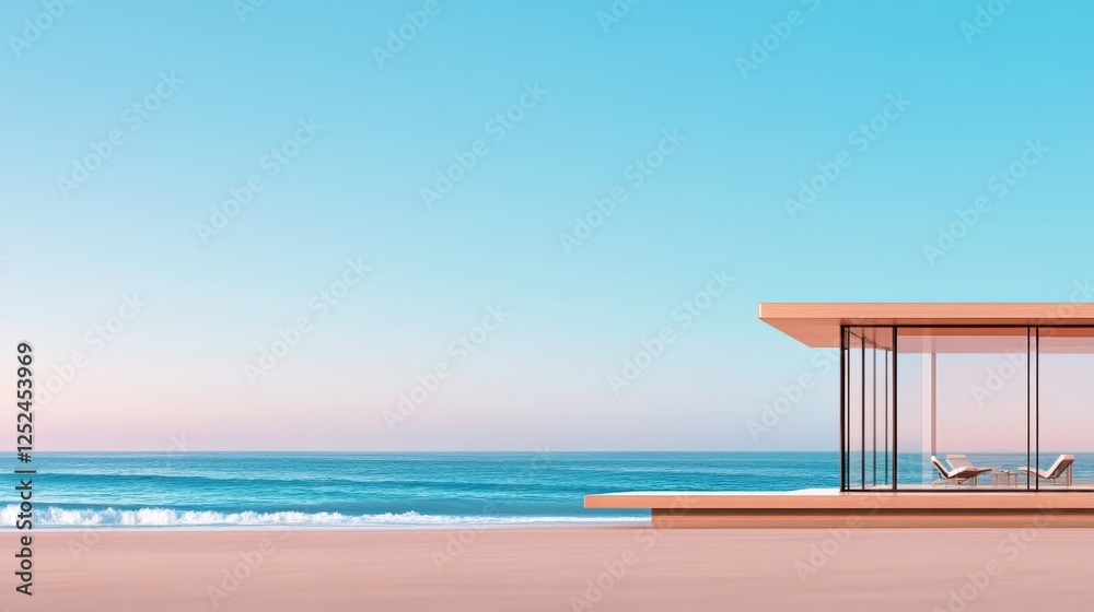 Modern Coastal House with Ocean View Under Clear Blue Sky and Soft Horizon at Sunset or Sunrise Modern Coastal House with Ocean View Under Clear Blue Sky and Soft Horizon at Sunset or Sunrise