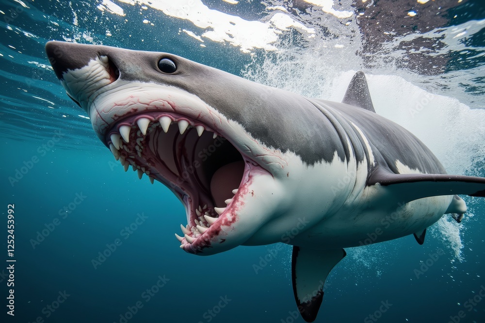 Naklejka premium A shark is swimming through the water, its mouth open to strike its prey.