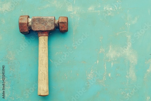 Rusted sledgehammer with a wooden handle on teal surface photo