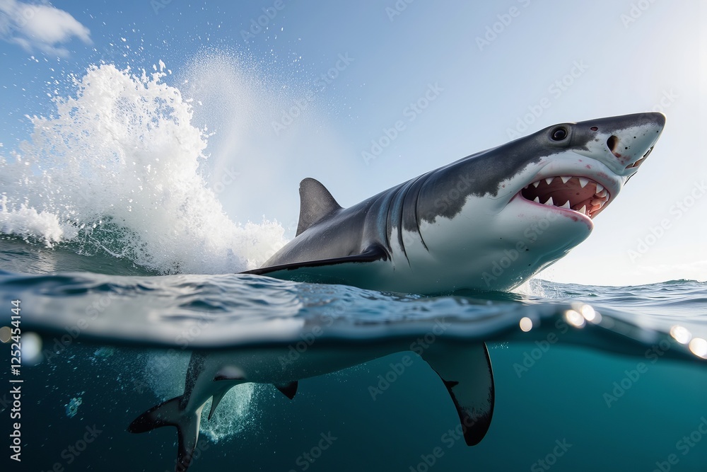 Naklejka premium A shark is swimming through the water, its mouth open to strike its prey.