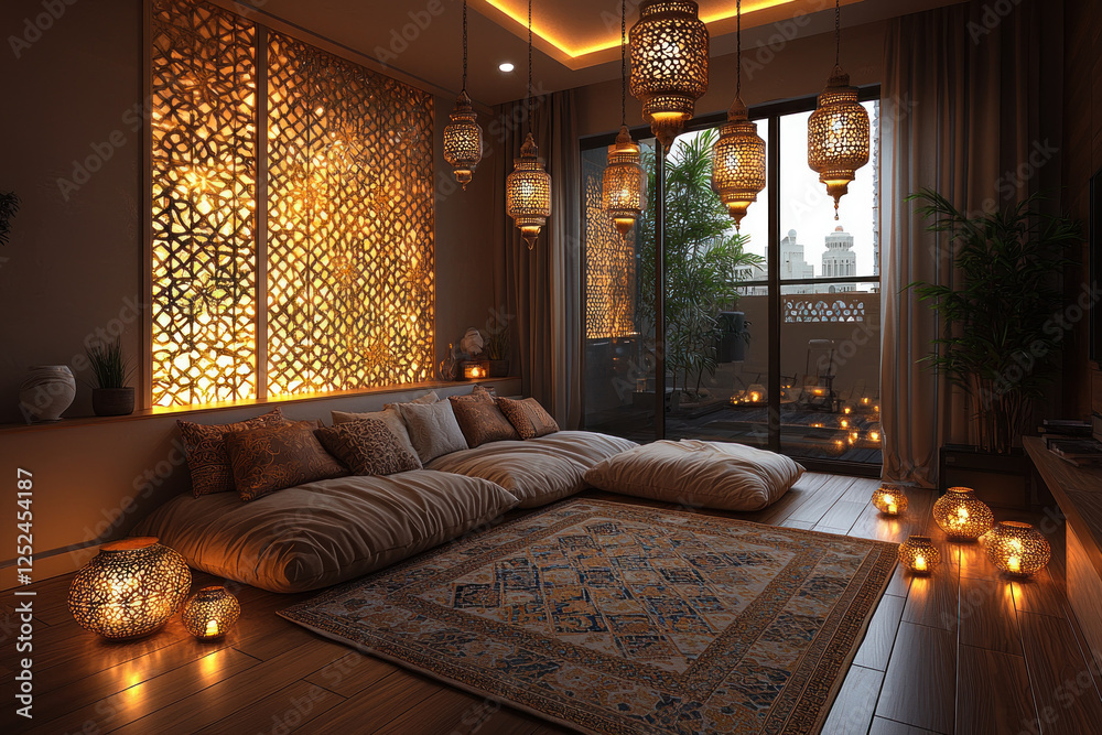 Fototapeta premium Cozy Arabic majlis at night, city view, relaxation