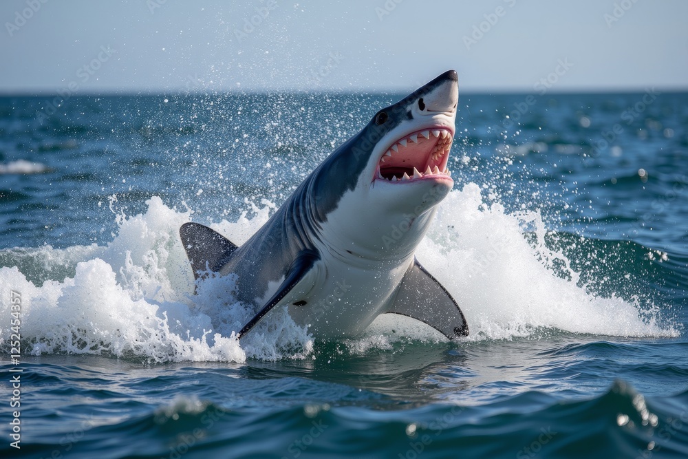 Fototapeta premium A shark is swimming through the water, its mouth open to strike its prey.