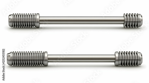 Two metallic threaded rods, isolated white background, engineering drawing, technical illustration photo