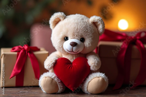 A cute teddy bear holding a heart-shaped pillow, wrapped in elegant gift packaging, cozy background with soft lighting