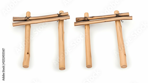 Two rustic wooden gateframes, isolated on white background, for design or craft projects photo